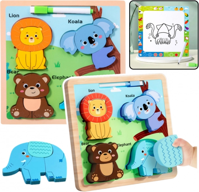 Puzzle educativo in legno Animali con lavagna per disegnare