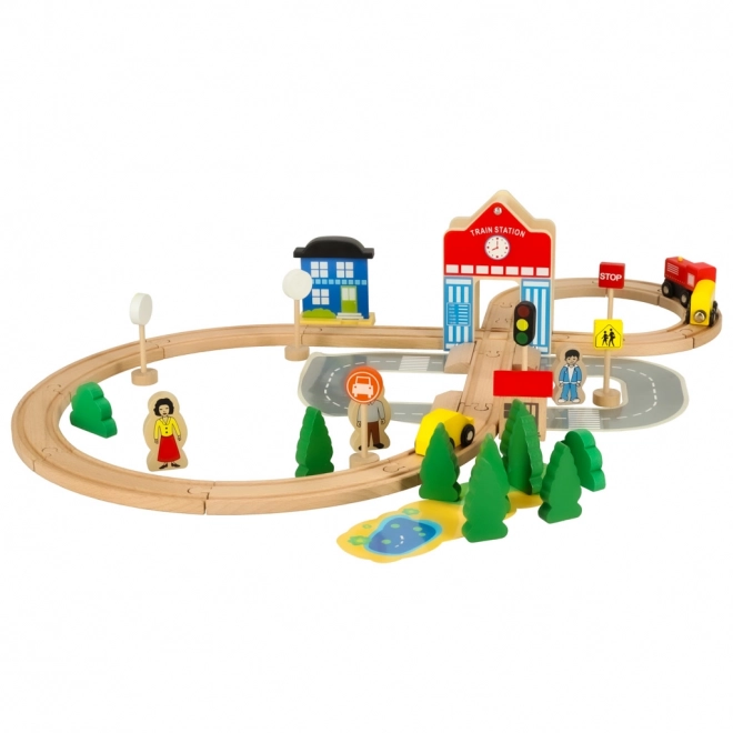 Set ferroviario in legno con locomotiva e stazione - 50 pezzi