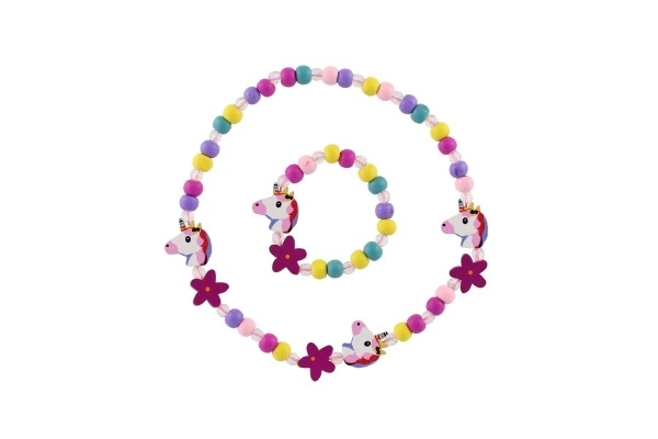 Collana e bracciale perline unicorno in legno/plastica