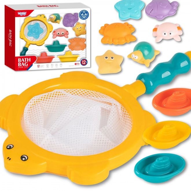 Set da bagno animali marini e barche con rete