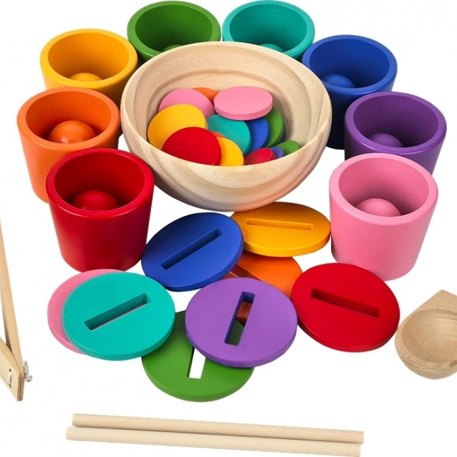 Biglie arcobaleno, monete e coppette – set Montessori in legno 8 colori