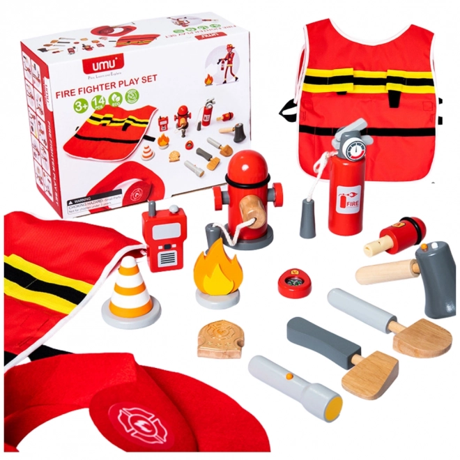 set pompiere per bambini con costume e accessori in legno