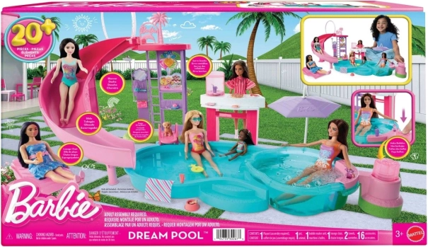 barbie piscina dei sogni – set di gioco con scivolo, vasca idromassaggio e snack bar