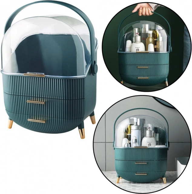 Organizer per cosmetici con coperchio trasparente e due cassetti verde