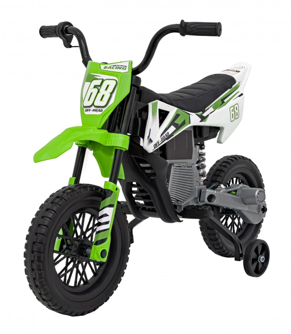 Moto verde per bambini a batteria con pannello audio e ruote in EVA
