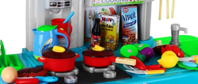 Grande cucina interattiva blu per bambini 3+ con fornelli, rubinetto e pannello audio