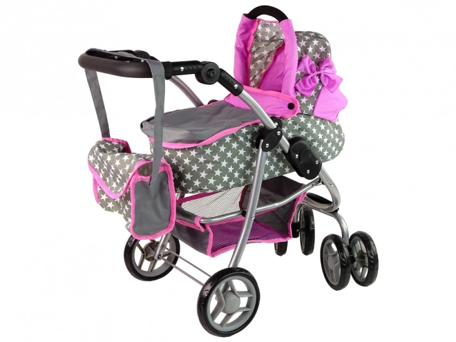 Passeggino Per Bambole 2 in 1 Rosa Stelle