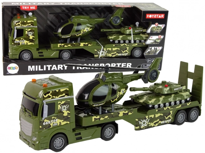 set militare con carro armato a frizione, elicottero e camion