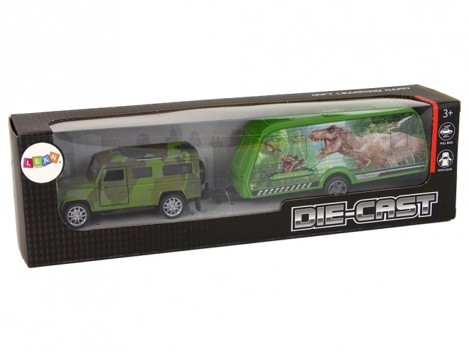Set di veicoli Jeep con rimorchio e dinosauri