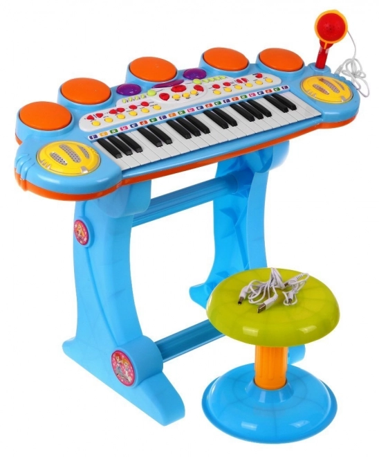 Set musicale blu tastiera + tamburi + microfono per bambini 3+ luci + suoni 3 ottave