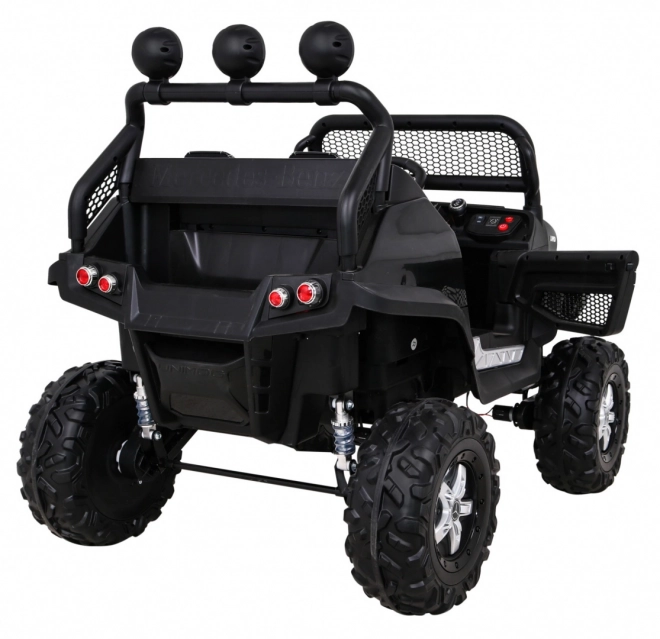 Mercedes Benz Unimog per bambini nero + trazione 4x4 + telecomando + vano bagagli + avvio lento + MP3 LED