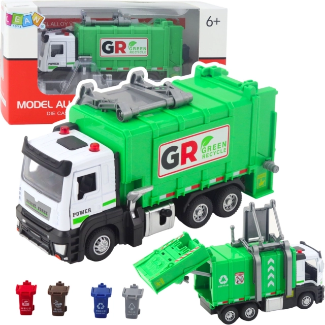 Camion della spazzatura a retrocarica con luci e suoni – 4 bidoni, verde