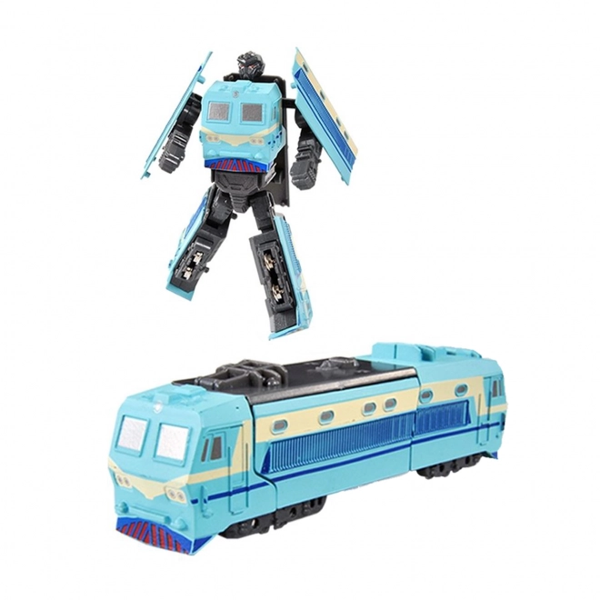 Robot di metallo trasformabile in locomotiva blu