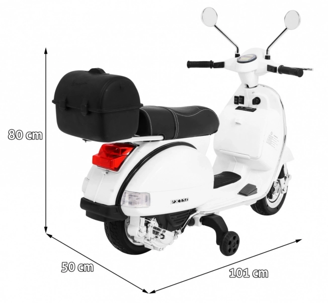 Scooter elettrico Vespa per bambini bianco con rotelle ausiliarie e audio