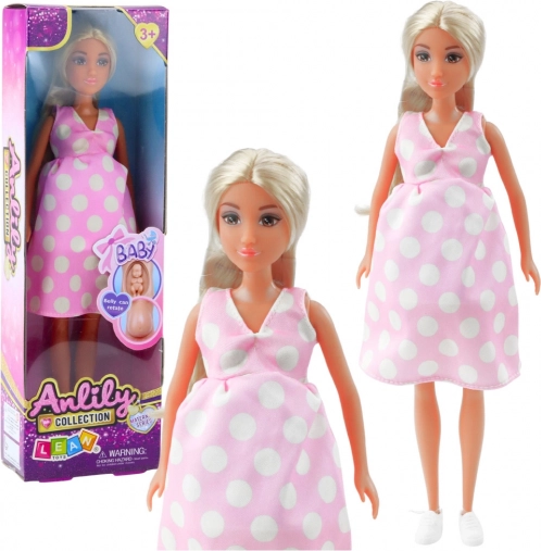 Bambola Anlily Incinta in Abito Rosa a Pois con Capelli Lunghi
