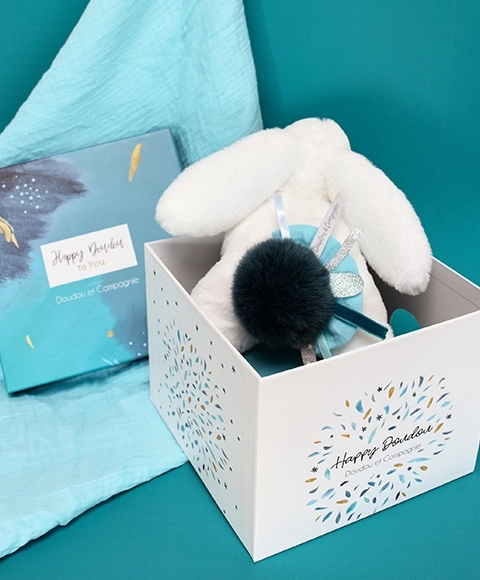 Set regalo con peluche Coniglietto blu scuro 25 cm