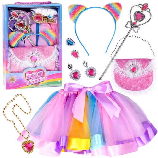 Costume da fata con bacchetta e accessori arcobaleno