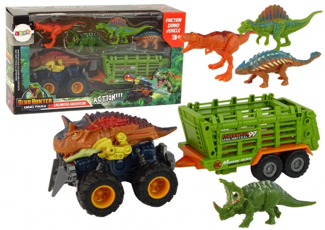 Veicolo con tema dinosauro con rimorchio e 4 dinosauri