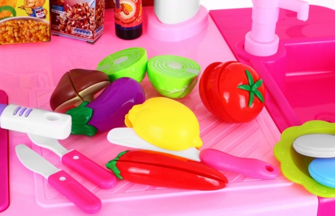 Grande cucina interattiva blu per bambini 3+ con fornelli, rubinetto e pannello audio – rosa