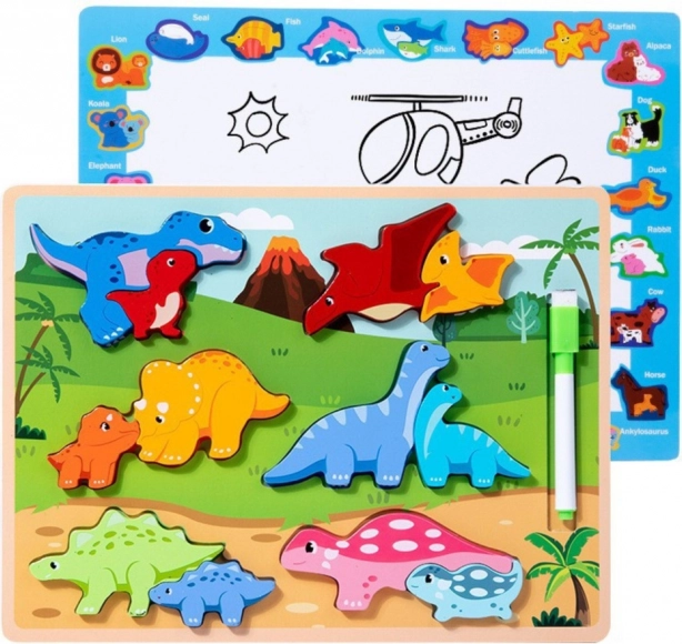 Puzzle educativo in legno con dinosauri e lavagna
