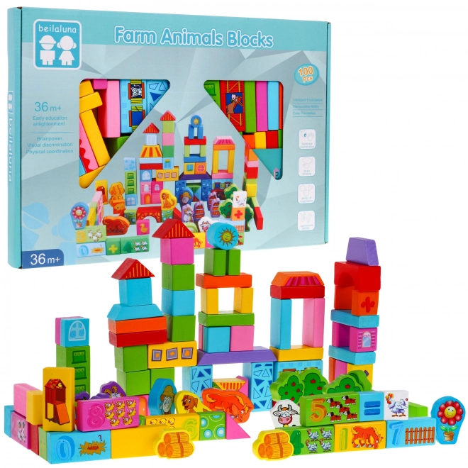 Set di Blocchi in Legno Fattoria per Bambini 3+ Gioco di Costruzione 100 Pezzi