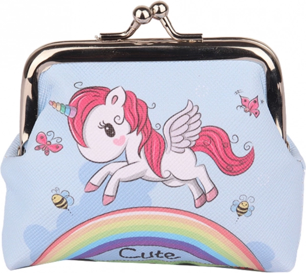 Portafoglio per bambini Unicorno sopra l'arcobaleno blu con lucchetto 10x9 cm