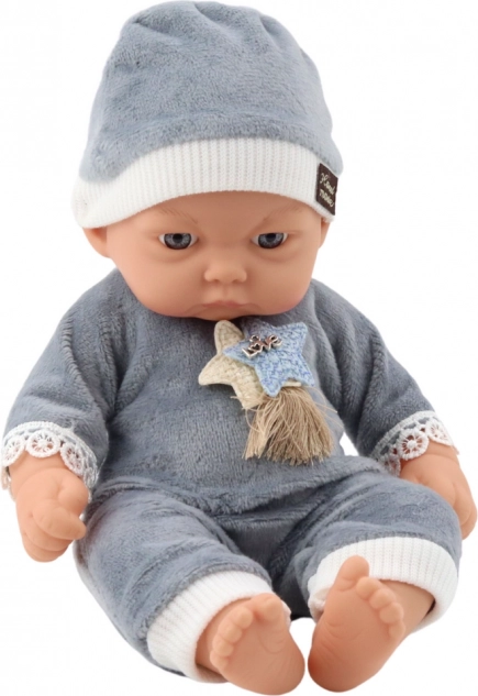 Bambola neonato in pigiamino grigio con cappellino