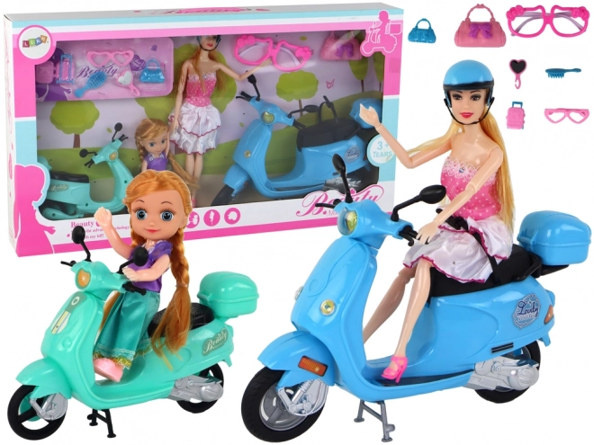 Set di bambole madre e figlia con scooter e accessori