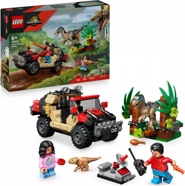 Set di costruzione LEGO Jurassic World: Fuga con il fuoristrada dal velociraptor