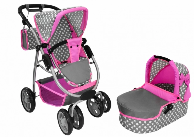 Passeggino per bambole 2 in 1 con borsa rosa stelle