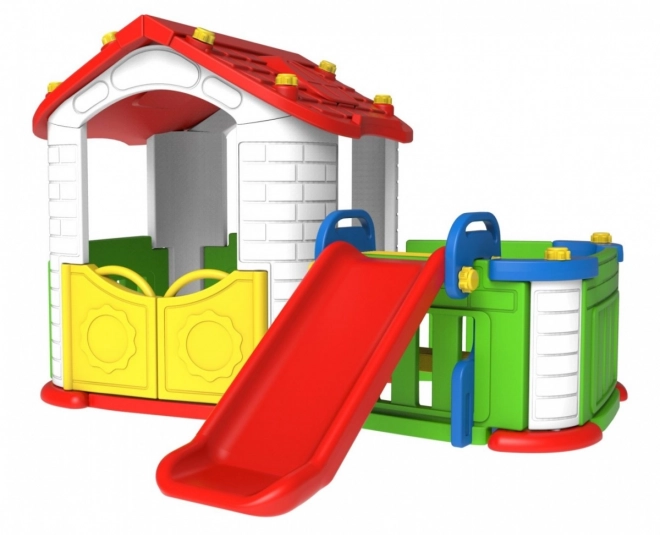 Casetta da giardino per bambini 3 in 1 Rossa + scivolo + giardino con recinto