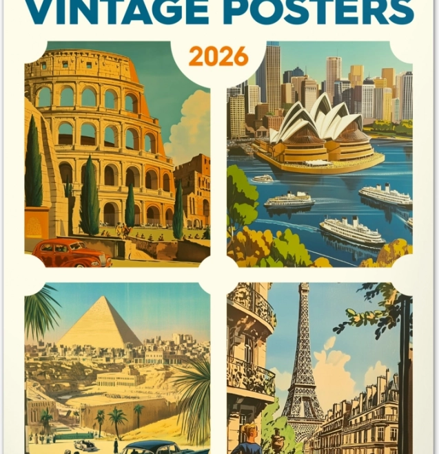 Calendario da parete Vintage poster – città del mondo 2026