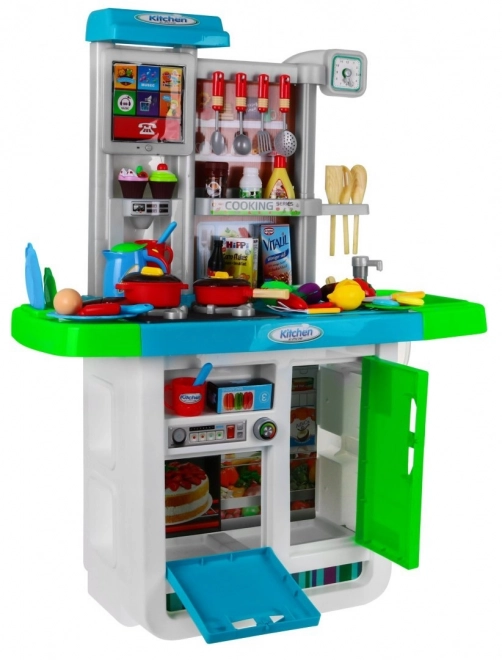 Grande cucina interattiva blu per bambini 3+ con fornelli, rubinetto e pannello audio