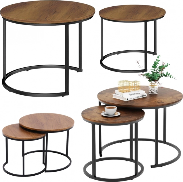 Set di tavolini da caffè rotondi 2 in 1 in legno naturale
