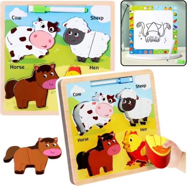 Puzzle educativo in legno Animali domestici con lavagna per disegnare