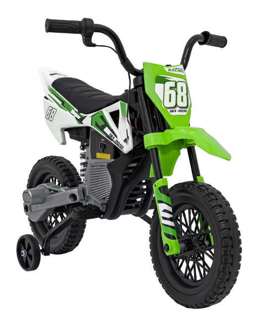 Moto verde per bambini a batteria con pannello audio e ruote in EVA