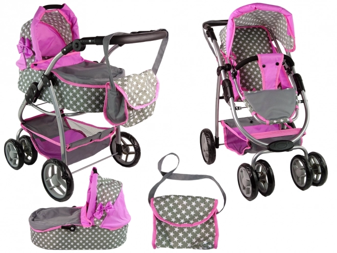 Passeggino per bambole 2 in 1 con borsa rosa stelle