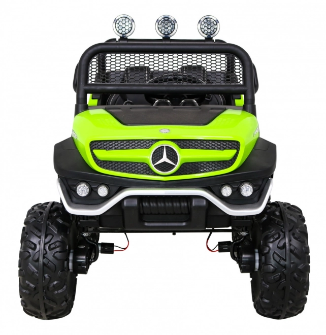 Mercedes Benz Unimog per bambini Verde + trazione 4x4 + telecomando + vano bagagli + partenza lenta + MP3 LED