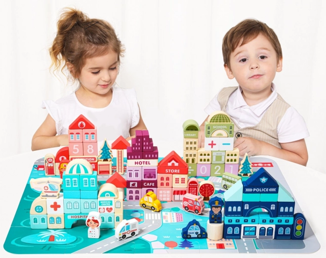 Blocchi educativi in legno con tappeto città 121 pezzi Ecotoys