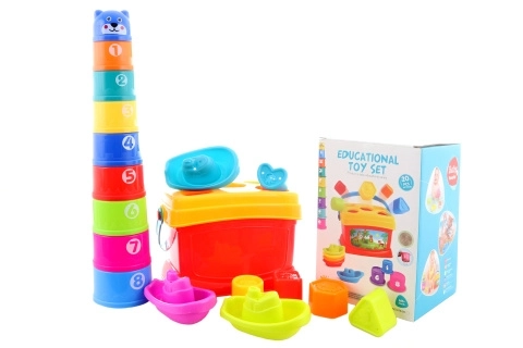 Set per bambini 3 in 1 con incastra-forme, barchette e piramide