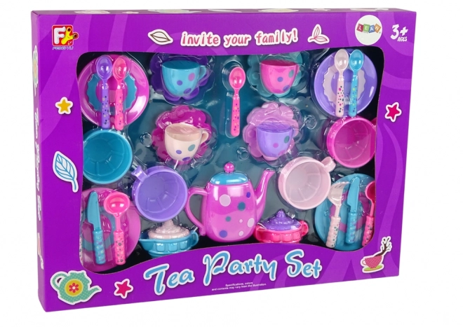 Set da tè per bambini con tazze, piatti e posate viola