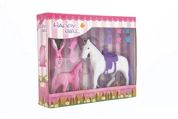 Unicorno con sella e puledro in plastica con accessori