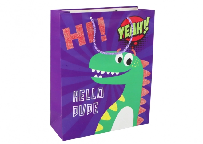 Borsa regalo di carta viola con dinosauro