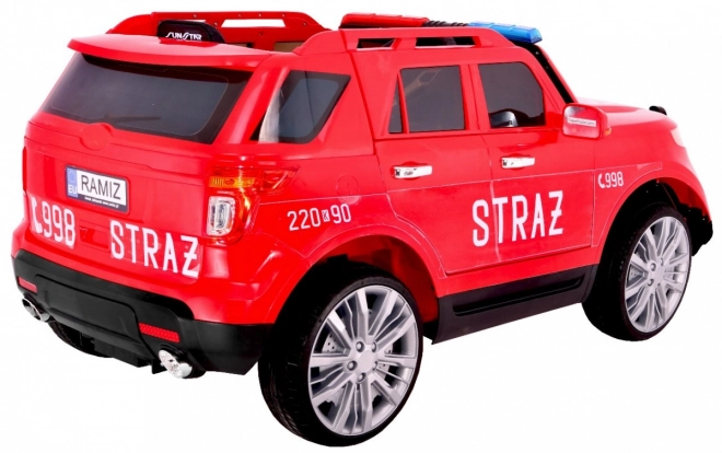 SUV dei vigili del fuoco per bambini a batteria + sirene + luci + megafono + telecomando + partenza lenta + adesivi