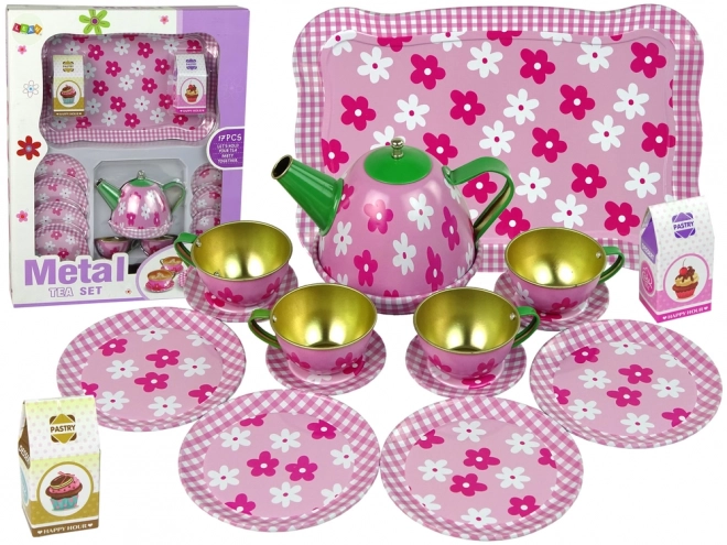 Set da tè in metallo con fiori rosa