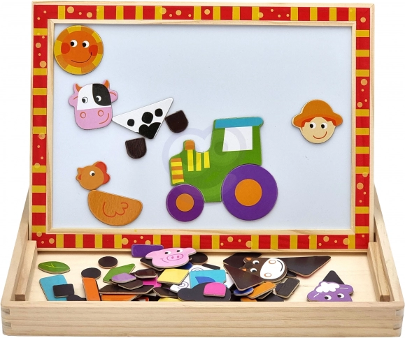 Lavagna doppia in legno Tooky Toy con puzzle magnetici della fattoria