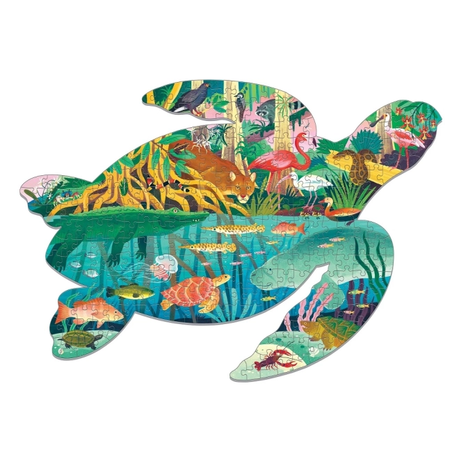 Iconica forma di tartaruga e illustrazioni vivaci delle zone umide