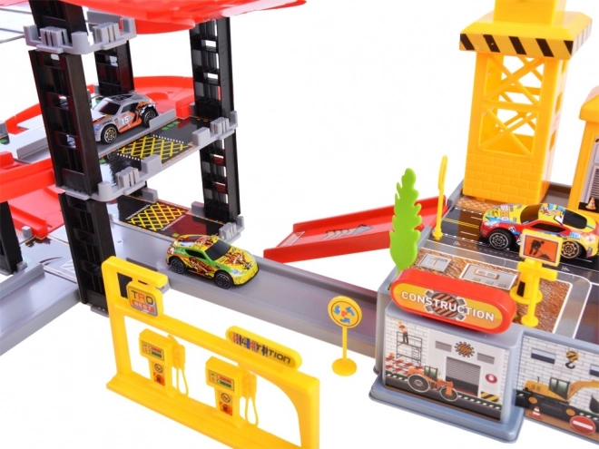 Set costruzioni cantiere con parcheggio e veicoli