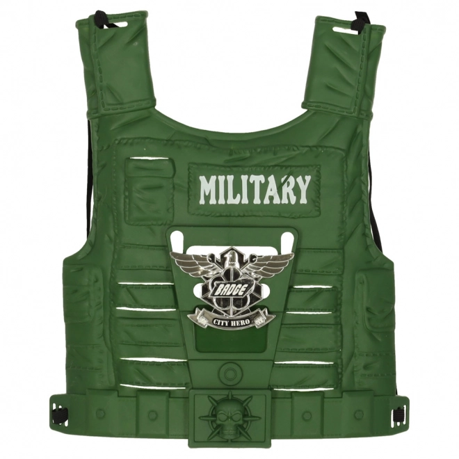 Set militare con giubbotto, fucile e binocolo