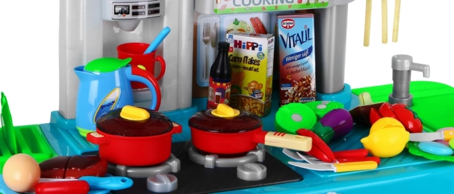 Grande cucina interattiva blu per bambini 3+ con fornelli, rubinetto e pannello audio – Blu